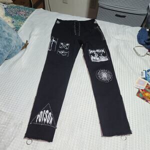 CURRENT MOOD DOLLS EUC SIZE LARGE GRUNGE PUNK PATCH LACEUP FRONT SKINNY JEANS